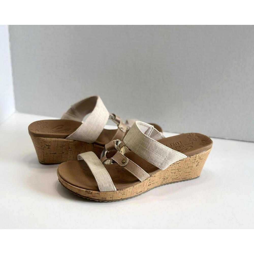 Cali From Skechers Luxe Foam Womans Straps Sandals Beige Cork Wedge Heel Size 10